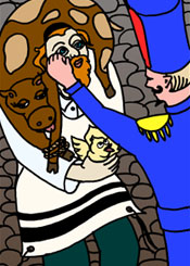 Russian tsar jandarm against jew with non-golden calf and chickens.