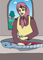 Yidisher mama was surprised to find perl ring into a fish.