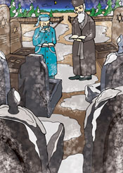 Young rabbi visits jewish tomb at snown night